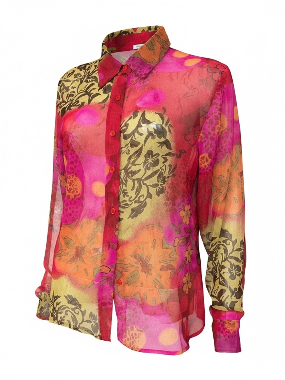 Sheer Floral Button-Up Blouse in Pink, Orange & Gold